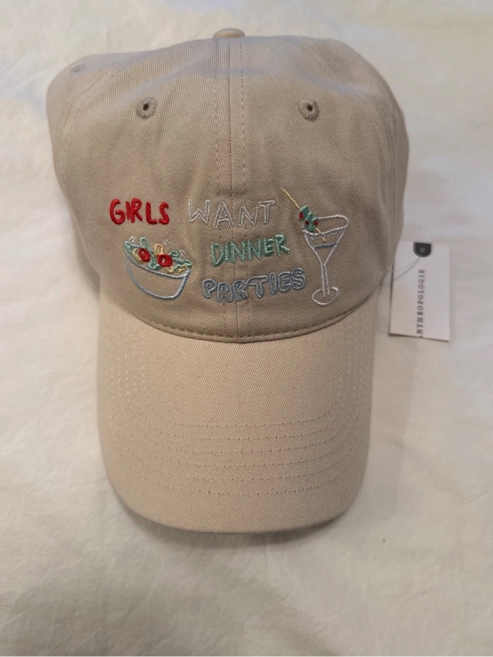 Anthropologie Beige Cotton "Girls Want Dinner Parties" Baseball Cap NWT